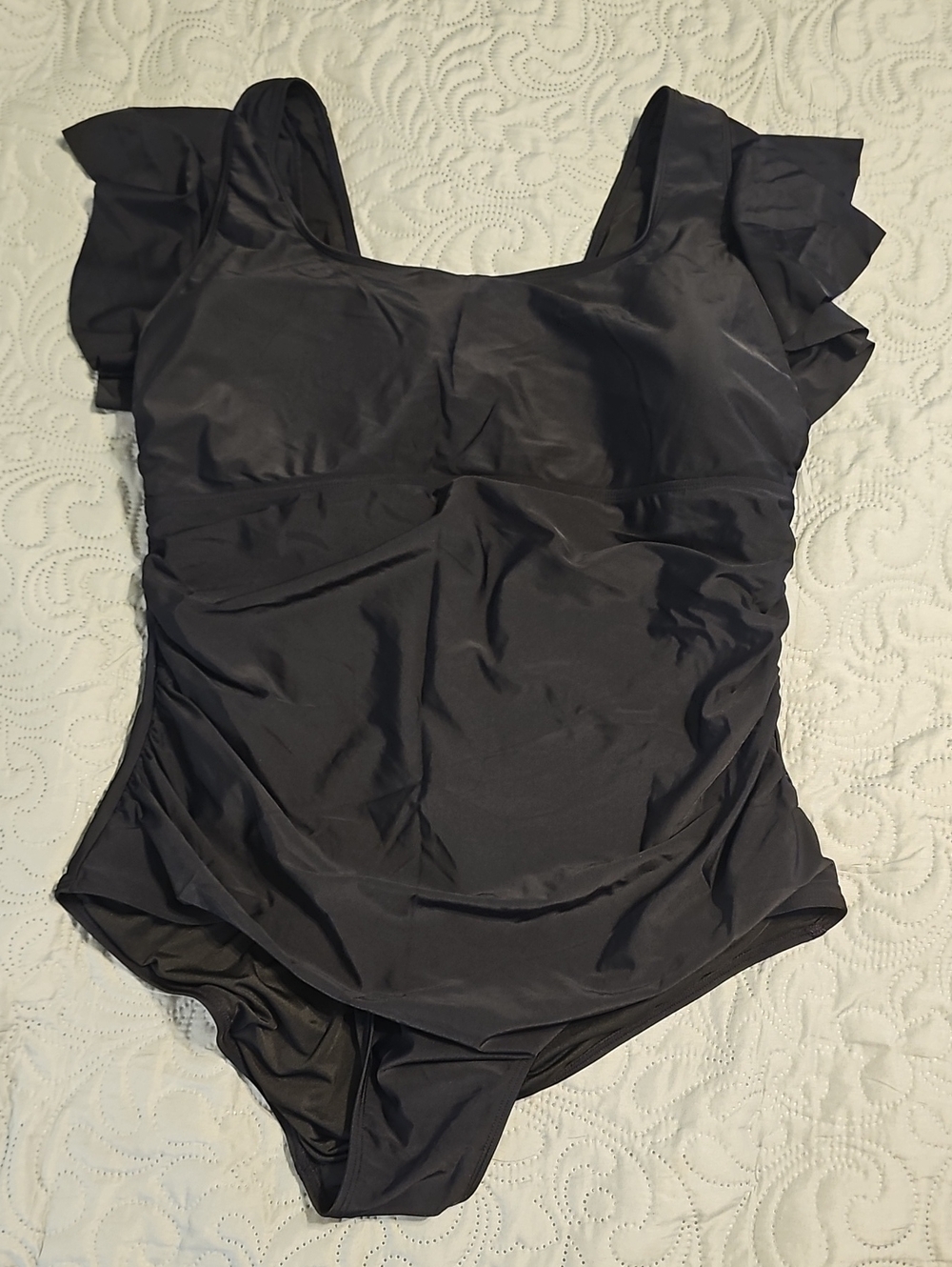 DACI Black One-Piece Swimsuit with Ruffle Cap Sleeve/Shoulders
